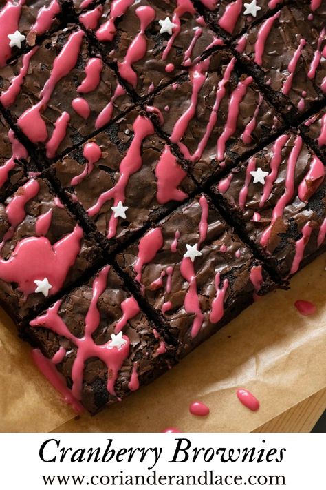 These cranberry brownies are deliciously dense, chewy, and rich in brownie flavour. And they are drizzled in a beautiful cranberry glaze. Cranberry Brownies, List Of Desserts, Apple Blondies, Orange Brownies, Cherry Wine, Food Club, Chocolate Drizzle, Cranberry Orange, Fresh Cranberries