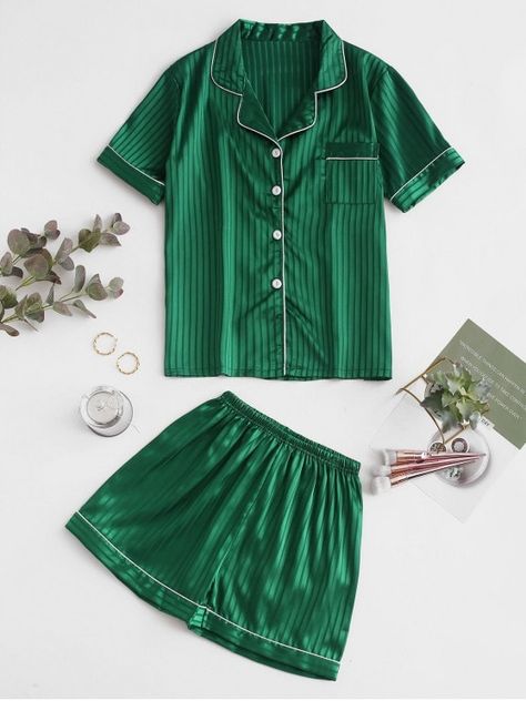 Shadow Striped Buttoned Satin Pajama Suit - Medium Sea Green Xl #lingerie #underwear #sexy #womenfashion #clothing #hotunderwear #sexypants #bra Slytherin Sleepwear, Green Silk Pajamas, Silk Pijamas, Shifting Wardrobe, Shifting Closet, Slytherin Clothes, Slytherin Fashion, Cute Outfits With Shorts, Womens Lingerie