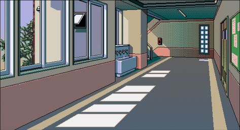 Emi's School hallway being empty School Hallway Drawing Reference, Hallway Reference Drawing, School Hallway Illustration, School Hallway Drawing, Anime Hallway, Hallway Illustration, Pixel Background, Illustrator Character, School Hallway