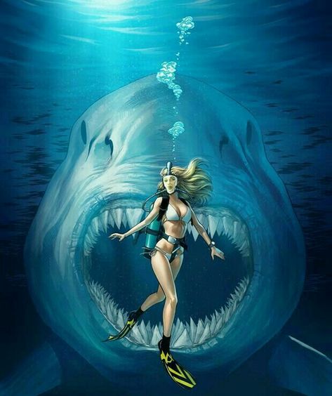 Scary Ocean, Terror Movies, The Meg, Shark Pictures, Big Shark, Shark Art, Mermaid Pictures, Alien Concept Art, Pulp Art