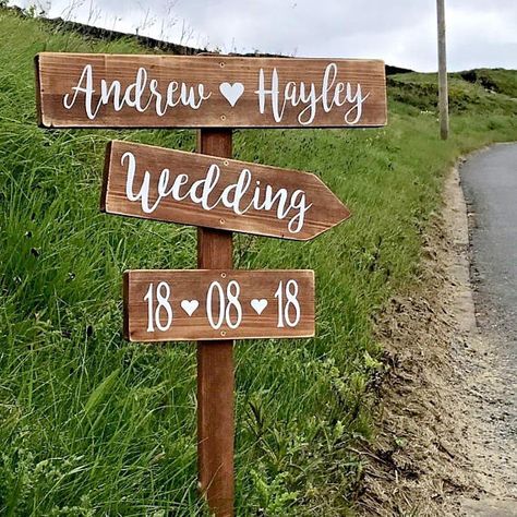 Large rustic wedding this way sign  Personalised wedding venue decoration  A great way to welcome your guests and direct them to your big day!  Good quality sign  Made from new solid wood with knots and heavy grain  Brown wooden background white hand painted wording   Signs measure: Wedding Direction Signs, Wedding Directions, Wedding Signs Diy, Large Wedding, Wedding Venue Decorations, Directional Signs, בר מצווה, Future Wedding Plans, Outdoor Wedding Decorations