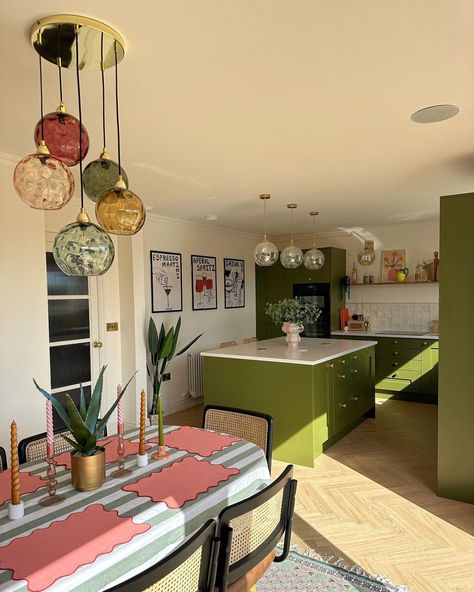 Olive Green Kitchen Diner, Open Kitchen Diner, Kitchen Diner Lighting Ideas, Tiny Open Plan Kitchen Living Room, Tiny Open Kitchen And Living Room, Conservatory Renovation, Dream Flat, Kitchen 2024, Open Plan Kitchen Diner