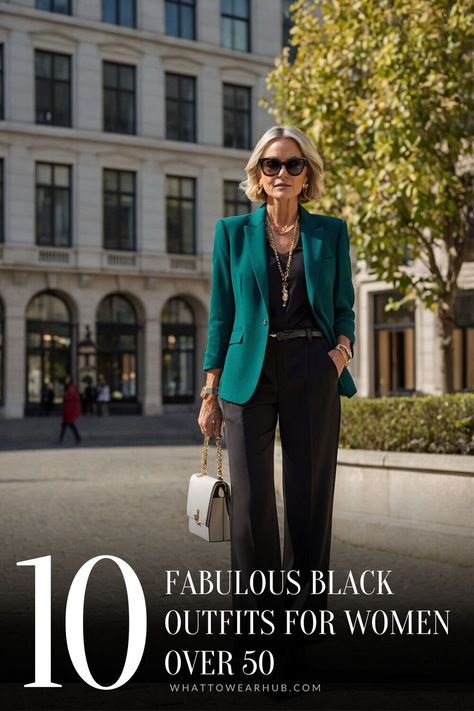 These flattering black outfits are made for women over 50, offering timeless options that add confidence and elegance. From tailored blazers to casual dresses, discover versatile looks that make a statement without trying too hard. #FlatteringOver50 #BlackFashion #Over50StyleInspo Business Casual Outfits For Women Over 50, Stylish Black Outfits, Corporate Outfits For Women, Black Outfits For Women, Styles For Women Over 50, Black Dress Elegant, Outfits For Women Over 50, Trying Too Hard, Black Palazzo Pants