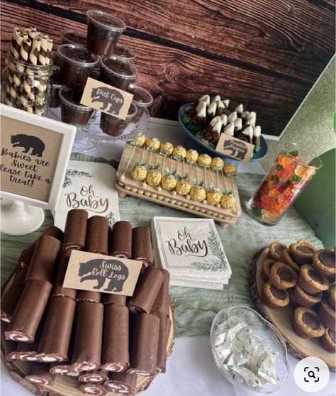 Bear Camping Birthday Party, Bear Theme Party Food, Adventure Baby Shower Food, Woodland Dessert Table Ideas, One Happy Camper Dessert Table, Wilderness Themed Birthday Party, Moose Birthday Party, Bear One Year Birthday Party, One Wild Adventure 1st Birthday