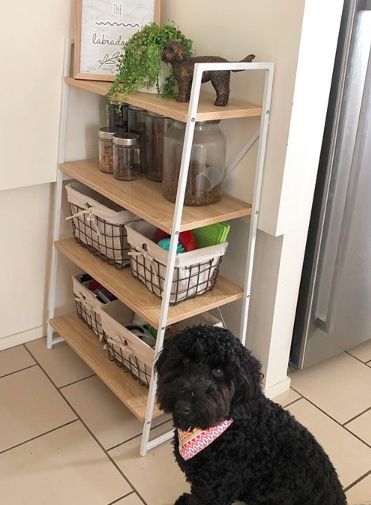 Storage For Pet Supplies, Dog Area In Dining Room, Storage Ideas For Dog Supplies, Storage Dog Stuff, How To Organize Dog Stuff, Dogs Organization Ideas, Pet Treat Organization, Pet Supply Storage Ideas, Dog Storage Organization