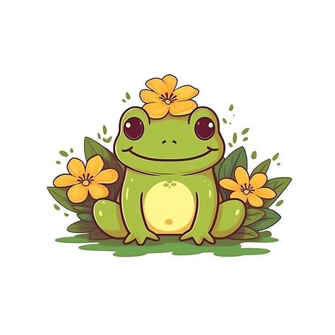 Cute Cottagecore Frog in Summer Flowers Animated Frog Tattoo, Cute Frog Kawaii, Animated Frog Drawings, Cute Frogs To Draw, Frog With Flower Hat Drawing, Drawing Frog Cute, Cartoon Frog Painting, Animals With Flowers Drawing, Frog With Crown Drawing