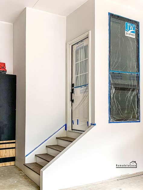 How to build and install staircase in garage - mudroom - #thdprospective Garage House Entry, Stairs From Garage To House, Mudroom In Garage Diy, Steps In Garage To House, Framing A Mudroom In Garage, Add Mudroom To Garage, Laundry Room Addition In Garage, Build A Mudroom In Garage, Build Mudroom In Garage