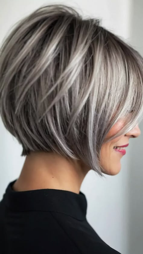 Go Grey: 15 Amazing Bob Hairstyles to Inspire You - Cheerful Talks Grey Inverted Bob Hairstyles, Short Layered Bob With Bangs Over 50, Short Grey Bob Hairstyles Over 50, Ash Grey Short Hair, Bob Haircut Gray Hair, Dark Grey Short Hair, Brown Hair With Silver Highlights Short, Grey Roots Blending, Silver Bob Haircut