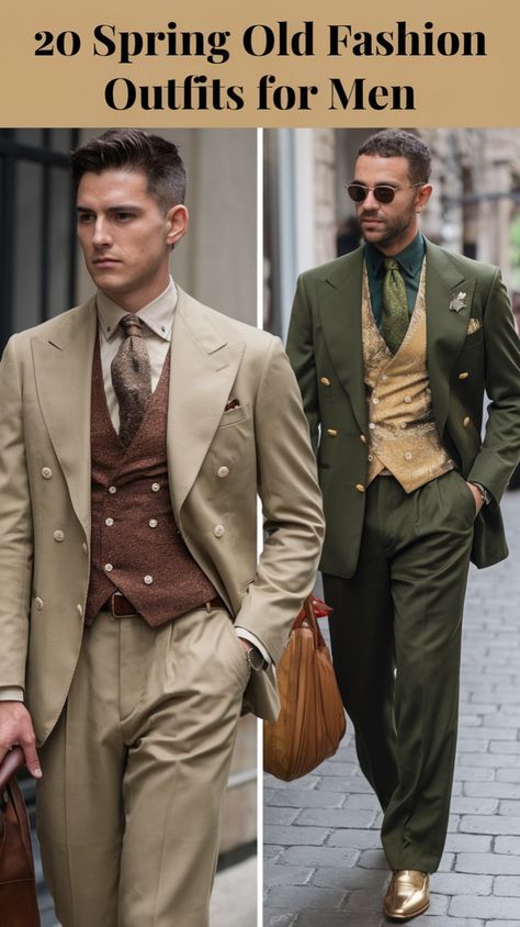 Step into timeless elegance with these spring old fashion outfits for men 2025. Featuring tailored double-breasted suits, rich textured vests, and bold accessories, these ensembles are perfect for the modern gentleman who appreciates vintage charm. Ideal for weddings, formal gatherings, or stylish spring outings! 🌿✨ #MensFashion #SpringStyle2025 Men's Old Money Outfits, Old Fashion Outfits Men, Vintage Wedding Suits For Men, Mens Suits Style Modern Classy, Old Fashion Outfits, Classic Summer Outfits, Vintage Old Money, Fashion Outfits Men, Old Hollywood Fashion