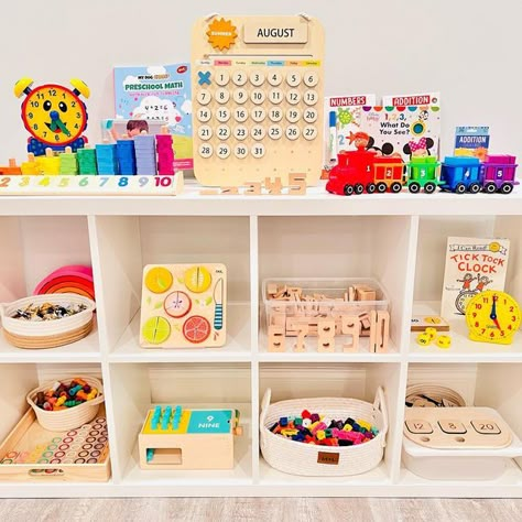 Antonia | Kids Sensory Play on Instagram: "Numbers and Counting Toy Rotation! 🧮🔢 My kids are 4 and 2 for reference! 🔢TOP: ▫️Telly The Teaching Time Clock @the_learning_journey via @lakeshorelearning ▫️Counting Shape Stacker @melissaanddougtoys ▫️Preschool math workbook ▫️Wooden Calendar @blue.ginkgo ▫️Count/Color train @learningresources ▫️ImagineInk @target ▫️Addition flash cards @target 🔢MIDDLE: ▫️Farm animal counters @learningresources ▫️Pink rainbow stacker @themulberrytreehouse ▫ Preschool Toys Classroom, Montessori Toy Rotation, Toy Rotation, Toy Rotation System, One Year Old Toy Rotation, Farm Theme Montessori Shelf, Toy Rotation Categories, Montessori Toy Rotation Categories, Preschool Storage