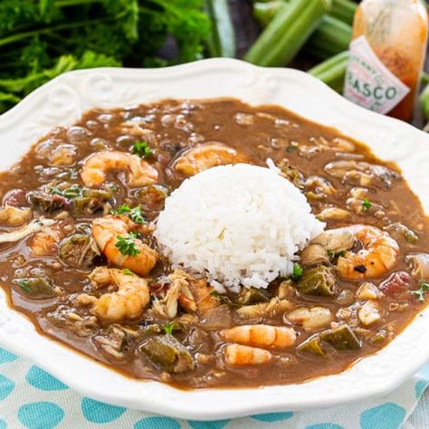 Seafood and Okra Gumbo - Spicy Southern Kitchen Okra And Shrimp Gumbo, Seafood Gumbo With Crab, Seafood Gumbo With Okra, Shrimp And Crab Gumbo, Southern Seafood Gumbo, Seafood Okra Gumbo Recipe, Shrimp Okra Gumbo, Gumbo Recipe Okra, Gumbo Recipe Easy