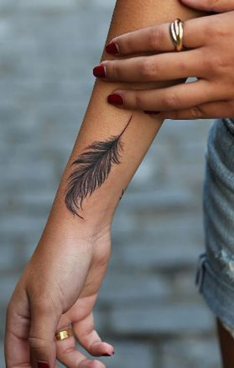 Feather tat Tatoos Girl, Feather Tattoo Placement, Tattoo Plume, Phenomenal Tattoo, Feather Tat, Feather Tattoo Arm, Tattoos Placement, Feather Tattoo Wrist, Small Feather Tattoo