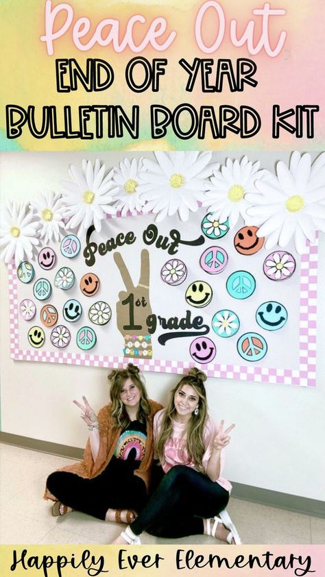 Hippie Bulletin Board Ideas, Groovy Year Bulletin Board, Peace Out Bulletin Board, Good Vibes Bulletin Board, End Of The Year Bulletin Board Preschool, Retro Classroom Bulletin Board, End Of School Bulletin Board Ideas, Checkered Bulletin Board, End Of Year Bulletin Boards Elementary