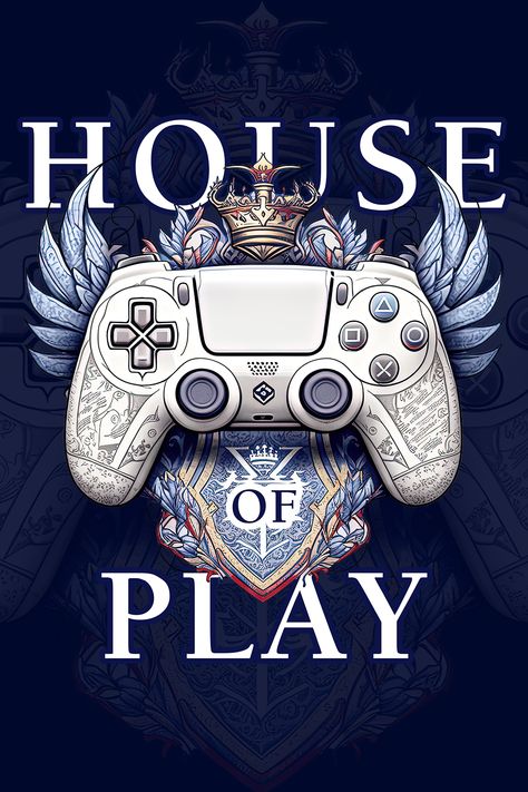 The "House of Play" t-shirt showcases a gamepad heraldic emblem that exudes elegance and passion for gaming. The intricate details and high-quality print make it a must-have for gamers who want to express their love for gaming creatively. Find it on TeePublic in various colors and sizes to suit your style. #heraldic #gamepad #emblem #gaming #t-shirt #dualsense, #TeePublic Playstation Room, Pc Games Wallpapers, Games Wallpaper, Sci Fi Props, Apparel Merchandising, Pc Games, Gaming Wallpapers, Gaming Clothes, Intricate Details