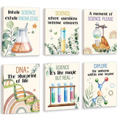 PRICES MAY VARY. [INSPIRATIONAL QUOTES]: This watercolor science lab decorations is consists of 6 panels. There are inspirational words and clear interesting patterns on each panel,like[where questions become answers] [Inhale science exhale knowledge]Hanging it in the classroom can add to the students' interest in learning.Add motivational touch to classroom and help student through difficult times and encourage them. [PERFECT WALL DECORATIONS]:This words of affirmation science wall art is suita Motivation For Science Students, Quotes Related To Science, Science Quotes For Classroom, Lab Decoration Ideas, Science Wall Decor, Science Display Ks2, Aesthetic Science Classroom, Science Nursery, Science Quotes Inspirational