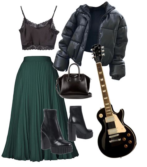 A nice green and black guitar fit. #green #skirt #black #guitar #boots #puffycoat Green Black And Gold Outfit, Green Black Outfit, Green And Black Outfits, Green And Gold Outfit, Black And Green Outfit, Rockstar Aesthetic Outfits, Forest Green Skirt, Candlelight Concert, Green Skirt Outfits