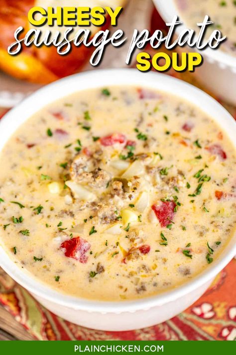 Cheesy Sausage Potato Soup – ready in under 30 minutes! Sausage, chicken broth, Rotel diced tomatoes and green chiles, diced hash brown potatoes, corn kernels, Velveeta cheese, and sour cream. Everyone LOVED this soup! Can make the soup on the stovetop or in the crockpot. Serve with some crusty bread for a quick and easy weeknight meal! Cheesy Sausage Potato Soup, Supper Casseroles, Sausage Potato Soup, Sausage Potato, Cheesy Potato Soup, Sausage Potatoes, Southern Kitchen, Plain Chicken, Green Chiles