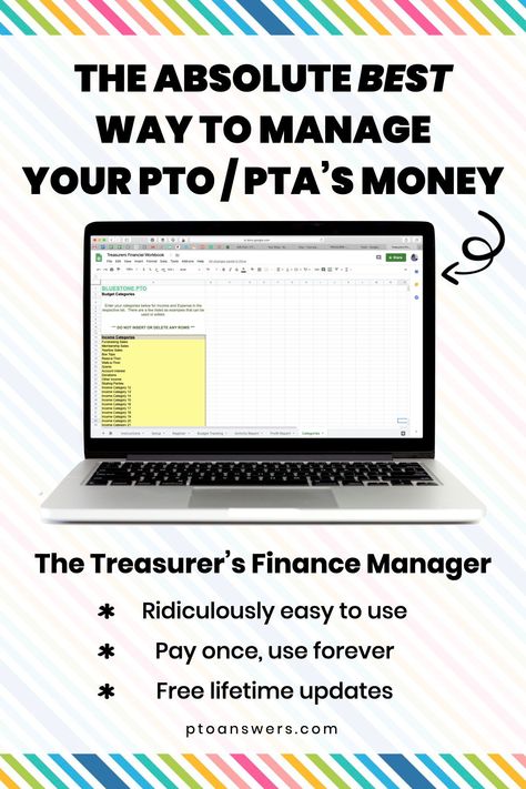 Easily manage your group's money with this easy to learn Treasurer's Finance Manager.  Both the PTO Treasurer and PTA Treasurer love the low learning curve, quick set up and how simple monthly treasurer reports are with this system!  Easily create school parent group treasurer report, annual budgets and prepare for the annual audit using the baked in tools to manage your school parent organization's money. Pta Treasurer, Pto Treasurer, Pta Organization, Pta Newsletter, Pta Volunteer, Finance Manager, School Volunteer, Volunteer Management, School Pto