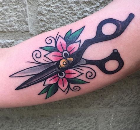 #shears #tattoo #traditionaltattoo #shearstattoo Floral Shears Tattoo, Cosmetology Scissors Tattoo, Hairstylist Shears Tattoo, Traditional Hairstylist Tattoo, Traditional Shears Tattoo, Haircutting Shears Tattoo, Shears Tattoo, Cosmetology Tattoos, Hairstylist Tattoos