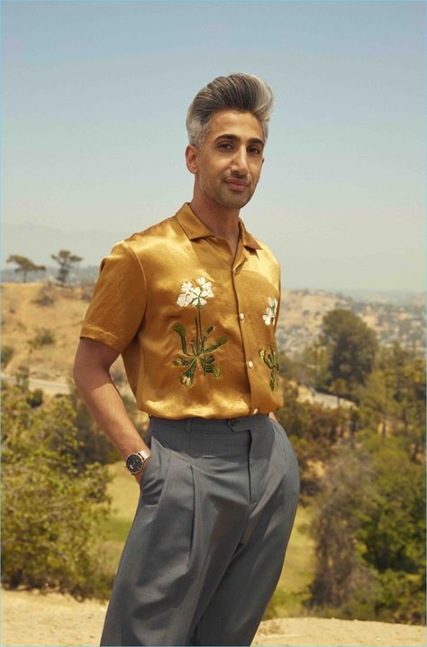 Tan France wears a Goodfight shirt and Louis Vuitton trousers. Tan France, Men With Street Style, Men Street Fashion, Queer Fashion, Men Street, Satin Blouse, Fabulous Fashion, Compass Tattoo, Inspiration Mode