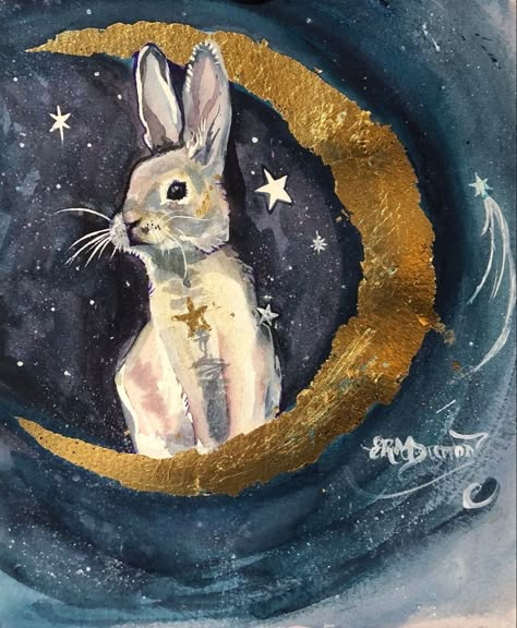 Images Noêl Vintages, Moon Watercolor, Bunny Watercolor, Sleep Peacefully, Bunny Painting, Rabbit Painting, Rabbit Art, Bunny Art, Gold Moon