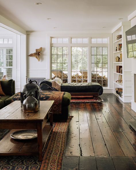 Historic New England, England Homes, Timber Beams, Wide Plank Flooring, New England Style, Floor To Ceiling Windows, A Living Room, Home Decor Ideas, Home Interior