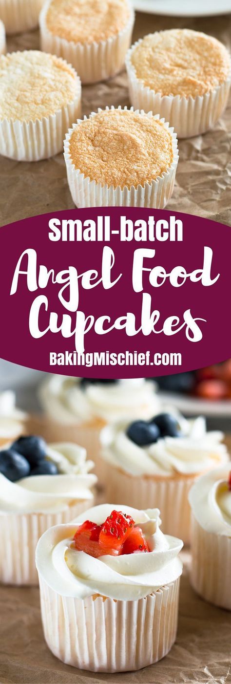 Angel Food Cake Icing, Small Recipes, Angel Food Cupcakes, Angel Food Cake Desserts, Food Cupcakes, Light Dessert, Smaller Portions, Small Batch Baking, Muffin Cupcake