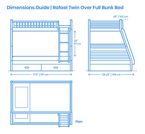 The Rafael Twin Over Full Bunk Bed features fun and restful retreat ideal for making your kids' organized with lower storage drawers and slat kits. Besides helping to save on square footage, guardrails and ladder allow ones to access items easily from both decks. The Rafael Twin Over Full Bunk Bed has an overall height of 65” (165 cm), width of 58.25” (148 cm), and length of 77.5” (197 cm). There is a clearance of 32” (81 cm) between the beds. Downloads online #kids #beds #furniture #home Bunk Bed Measurements, Twin Bed Layout, Furniture Dimensions Standard, Bunk Bed Dimensions, Double Deck Bed Ideas, Small Bunk Beds, Double Deck Bed, Double Bunk Bed, Bunker Bed