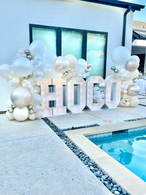 Homecoming Balloon Arch Ideas, Graduation Marquee Letters, Balloon Decorations With Marquee Letters, Hoco Ballon Arch, Marquee Letters With Balloons, Grad Letters With Lights, Balloon Garland With Marquee Letters, Letters Decoration Ideas, Marquis Letters With Balloons