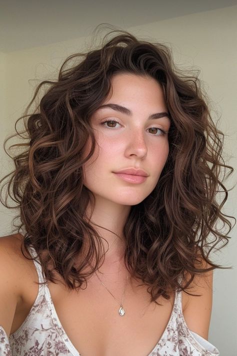 Medium Haircut Wavy Natural, Medium Length Hair With Perm, Short Hairstyles For Frizzy Wavy Hair, Short 2b Hairstyles, 2b Hair Haircuts, Haircuts For 2b Wavy Hair, Curly Haircut Face Framing, Collarbone Length Hair Curly, Short 2b Curly Hair