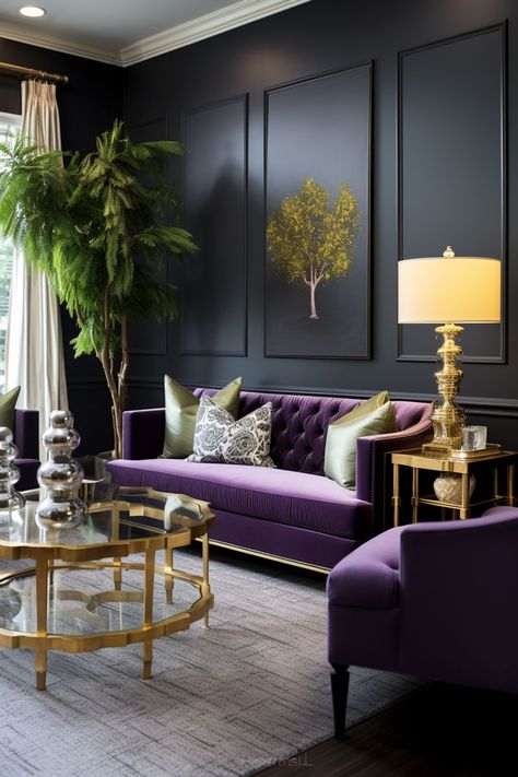 Green and Purple Color Scheme Ideas: Gold-Accented Furniture in a Luxurious Living Room Purple Painted Bedroom Ideas, Emerald Green And Purple Living Room, Gold Purple Green Color Palette, Purple And Green Living Room, Color Wheel Matching, Navy Room Decor, Living Room Purple, Purple Accent Chair, Purple Living Room Ideas