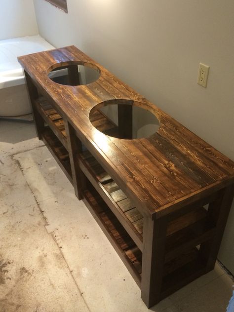 Rustic double vanity stained and coated Diy Dual Sink Bathroom Vanity, Bathroom Vanity Diy, Vessel Sinks Bathroom, Vanity Diy, Bathroom Vanity Decor, Sinks Bathroom, Diy Bathroom Vanity, Cabin Bathrooms, Diy Vanity