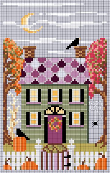 Cross Stitch Houses, Autumn House, House Cross Stitch, Fall Cross Stitch, Cross Stitch House, Cross Stitch Freebies, Halloween Cross Stitch, Halloween Cross Stitches, Pola Kristik