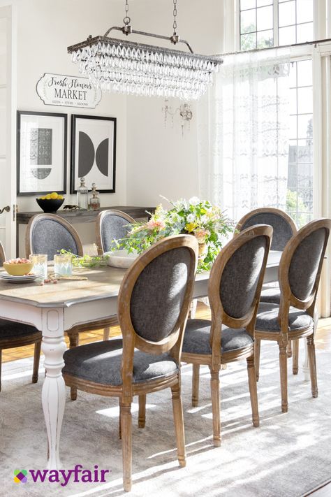 Dining Room Furniture Farmhouse, Dining Chairs For Round Table, Glam Farmhouse Dining Room, Glam Farmhouse Living Room, Restoration Hardware Dining Room, Dinette Chairs, Round Dining Room Sets, Lake House Kitchen, Dining Room Remodel