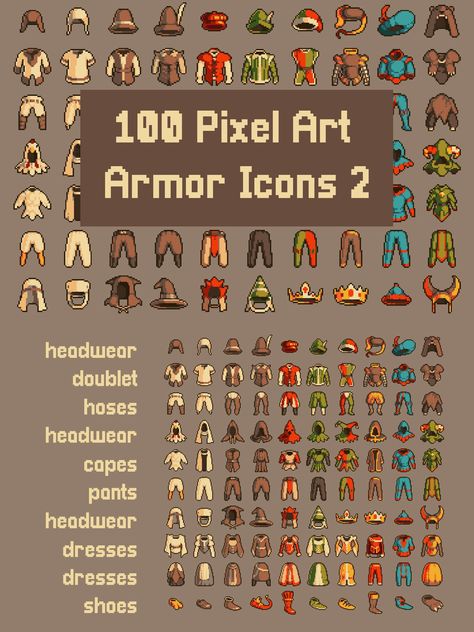 100 Pixel Art Armor Icons Pixel Art Armor, Pixel Art Knight, Medieval Characters, King Knight, Idle Game, Medieval Games, Pixel Characters, Pixel Art Tutorial, Art Advice