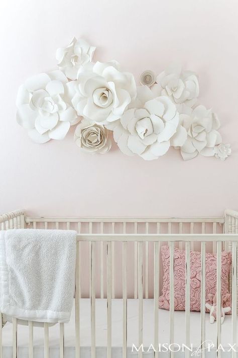 Paper Flowers as Wall Decor in a Nursery: what a gorgeous, soft, feminine space! Almost all neutral, a very pale blush on the walls and soft, natural paper flowers over the crib... Click for details on the paper flowers! Feminine Nursery, Paper Flower Wall Art, Diy Wand, Flower Nursery, Metal Tree Wall Art, Name Wall Decals, Paper Flower Wall, Floral Nursery, Farmhouse Wall Art