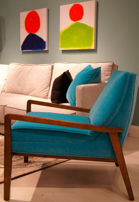 The "Jack Chair" in trendy turquoise velvet is "Tradition with a Twist" from #YoungerFurniture #220 Elm 214 #hpmkt #lisamendedesign, #stylespotter Younger Furniture, Muskoka Living, Turquoise Chair, North Carolina Furniture, Retro Rooms, Blue Chairs, Blue Interiors, Nyc Apt, Colourful Abstract