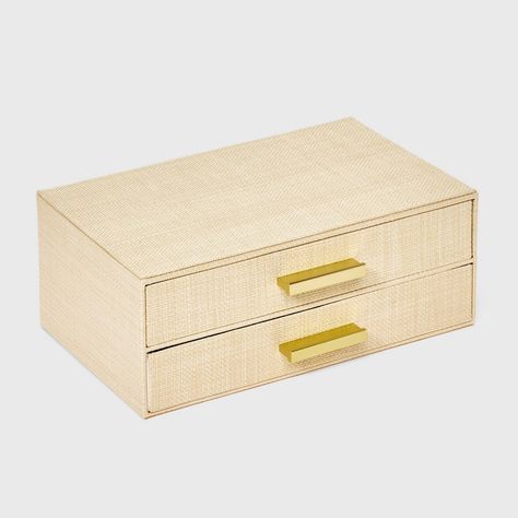 Keep your jewelry neatly organized and easily accessible with this Two-Drawer Woven Jewelry Organizer from A New Day™. This rectangular jewelry organizer made from wood in a woven cream finish features two drawers with gold-tone metal handles. Designed with divided slots and soft fabric lining, it helps protect your jewelry from dust while keeping it all in one place. Best of all, this compact jewelry organizer looks great displayed on your dresser, table or nightstand. A New Day™: Style that go Jewelry Storage Ideas, Room Wishlist, Dorm Shopping, Dorm Stuff, Woven Jewelry, Preppy Bedroom, Bedroom Stuff, Dresser Table, Room Vibes