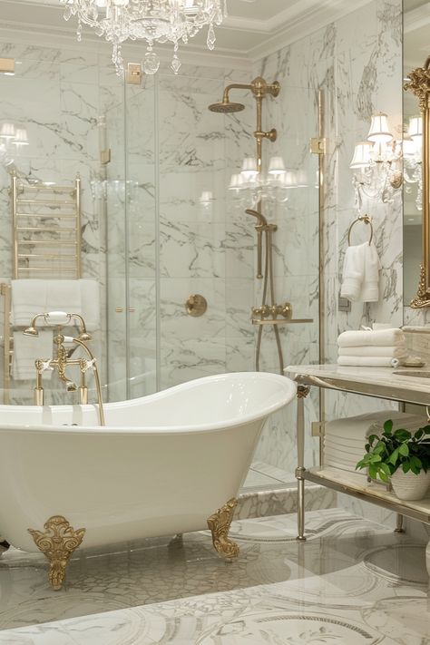 Step into Luxury: Elegant Vintage Bathroom Design with Clawfoot Tub & Gold Accents