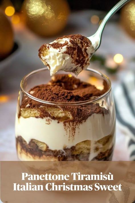 Layers of panettone and mascarpone cream, a unique Italian Christmas dessert twist. Panettone Dessert Ideas, Pannetone Recipe Desserts, Panettone Tiramisu, Panettone Trifle, Elegant Christmas Cookies, Christmas Trifles, Easter Lamb Cake, Sweets To Bake, Italian Christmas Desserts