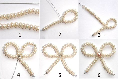 Pearl Beaded Jewelry Ideas, How To Make A Bow Necklace, Beaded Ribbon Tutorial, Beaded Bracelets Tutorial Step By Step, Pearl Bow Tutorial, Beaded Bow Necklace Diy, How To Make Bow With Beads, Bow Beads Tutorial, Diy Beaded Bow