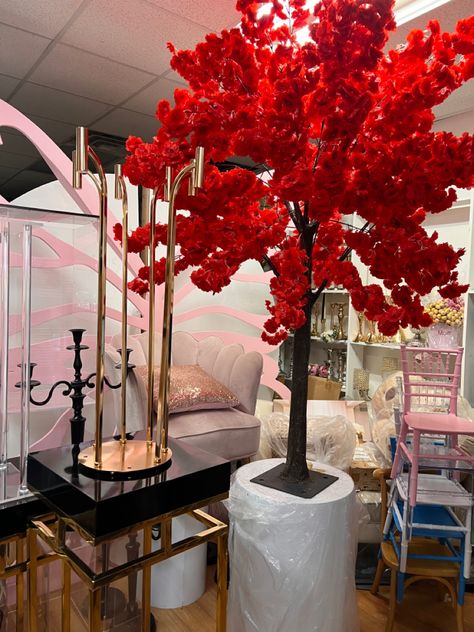 Red Cherry Blossom Tree, Cherry Blossom Salon Decor, Cherry Blossom Tree Interior Design, Cherry Blossom Stage Decor, Red Flower Stage Decoration, Artificial Cherry Blossom Tree Decor, Cherry Blossom Decor, Red Cherry Blossom, Wisteria Tree