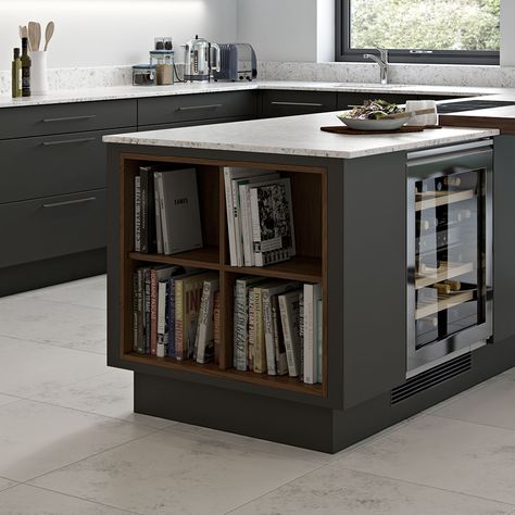 Kitchen Island With Booth Seating, Island With Open Shelving, Kitchen Wine Fridge, Grey Kitchen Island, Kitchen Island Bench, Dark Grey Kitchen, Barn Kitchen, Black Kitchen Island, Rustic Kitchen Island