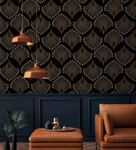 Golden Petal Symphony Art Deco Wallpaper | MAIA HOMES Dark Art Deco Wallpaper, Wallpaper For Bar Area, Moody Peel And Stick Wallpaper, Pocket Bathroom, Wallpaper In Bathroom, Bourbon Room, Mid Century Wallpaper, Wallpaper Application, Wallpaper Glue