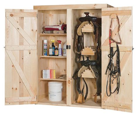 Uggggh I want one.... $680 tho unless I can build one myself >:P Saddle Storage Ideas, Tack Cabinet, Horse Tack Boxes, Tack Storage, Tack Locker, Pallet Wardrobe, Tack Room Organization, Horse Tack Rooms, Saddle Racks