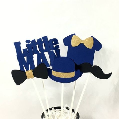 Please read listing before purchasing. Most items can be customized. Questions are always welcomed.  Little Man centerpiece sticks for your little man themed baby shower or birthday party. Default color scheme is navy blue, gold, and black. Little man set includes: - Little Man sign - 4x2 - onesie Trendy Party Decor, Boy Baby Shower Games, Boy Baby Shower Ideas, Diy Baby Shower Decorations, Trendy Baby Shower Ideas, Mens Birthday Party, Girl Baby Shower Decorations, Boy Baby Shower Themes, Fiesta Baby Shower