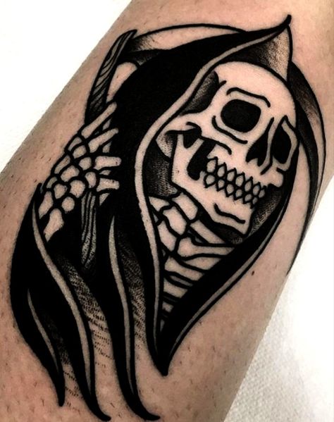 Small Grim Reaper Tattoo Simple, Dark American Traditional Tattoo, Trad Skull Tattoo, Traditional Skull Tattoo Design, Traditional Ghost Tattoo, Boba Tattoo, Dark Traditional Tattoo, Traditional Reaper, Skull Traditional Tattoo