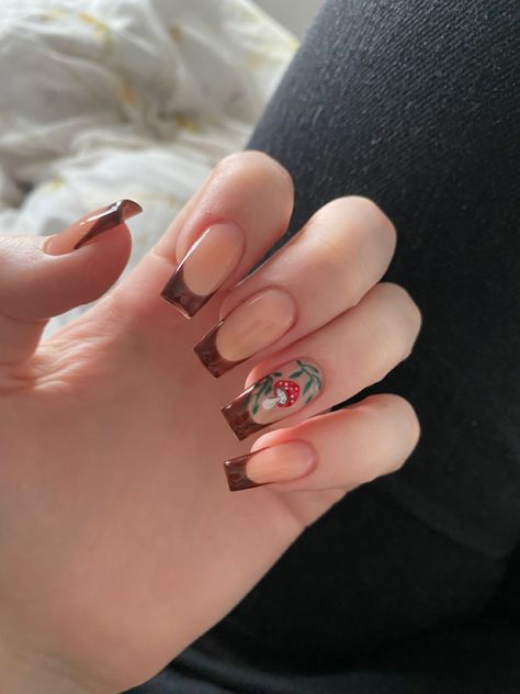 Fall Nail Designs Aesthetic, Square Mushroom Nails, Mushroom Press On Nails, Cottage Core Acrylic Nails, Brown Mushroom Nails, Nails With Mushrooms, Autunum Nails, Coffin Fall Nails Designs, Fall Mushroom Nails