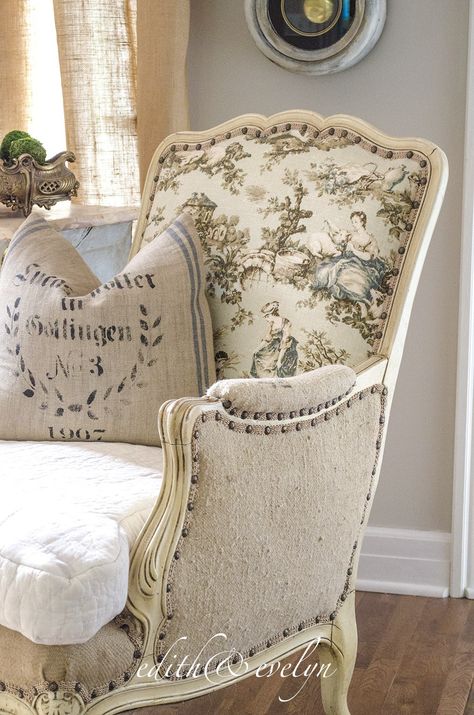 French Country Upholstered Chairs, Cottage Accent Chair, Cottage Chairs English Country, Chinwaserie Decor, French Provincial Sofa Reupholstered, Home Decor French Country, Deconstructed Chair, Diy French Country Decor, French Country Rug