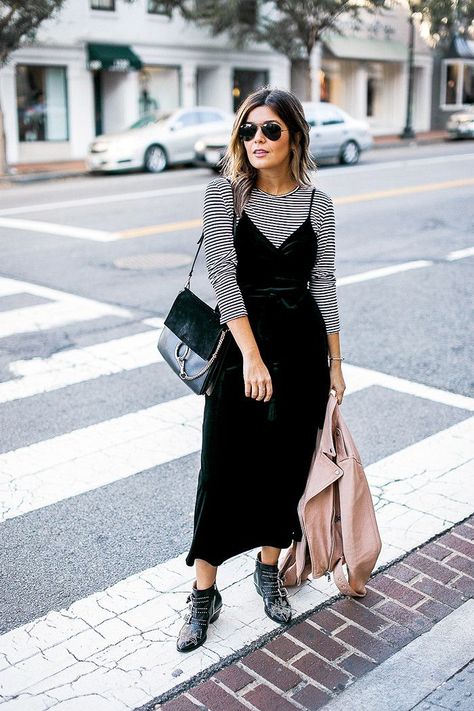 Boots With A Dress, Slip Dress Outfit, How To Wear Ankle Boots, Velvet Slip Dress, Walking Down The Street, Striped Shirts, Winter Dress Outfits, Mode Inspo, Looks Style